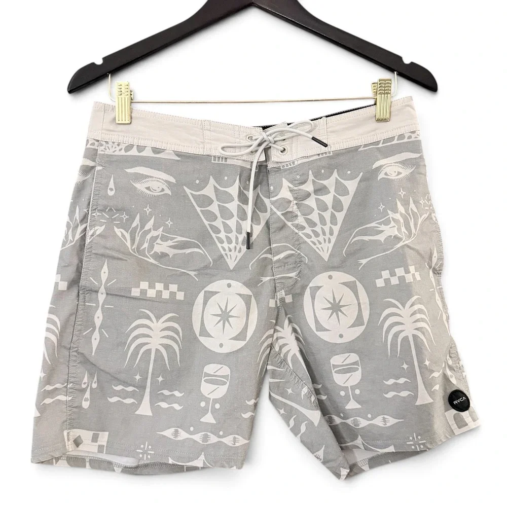 RVCA Mens Size 30 Board Shorts Grey White Nature Graphic Print M1033RVT
